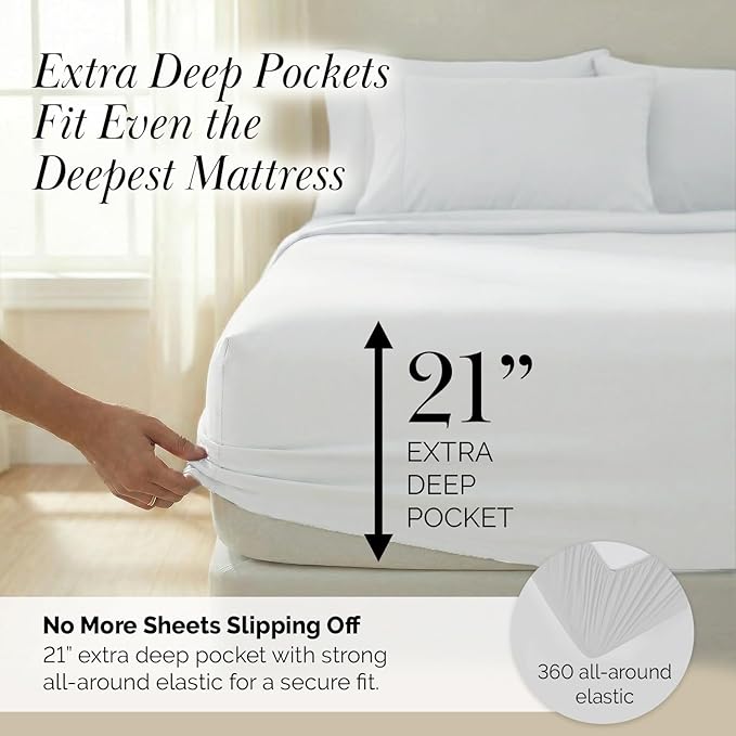 Southshore Fine Living, Inc. 7 Piece Split King Sheet Set for Adjustable Bed, 21 Inch Deep Pocket Sheets, 2 Fitted Bed Sheets Split King, 1 Flat Sheet, 4 Pillowcases, Pet Hair Resistant - White