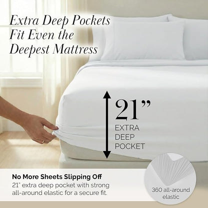 Southshore Fine Living, Inc. 7 Piece Split King Sheet Set for Adjustable Bed, 21 Inch Deep Pocket Sheets, 2 Fitted Bed Sheets Split King, 1 Flat Sheet, 4 Pillowcases, Pet Hair Resistant - White