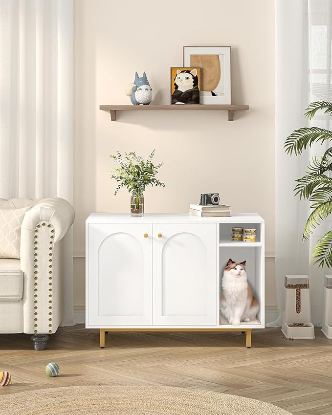 Hzuaneri Cat Litter Box Enclosure Enclosed, Hidden Litter Box Cabinet Furniture with Storage, Wooden Indoor Cat House Large, Modern End Table for Living Room Entryway, White and Gold CB84903A