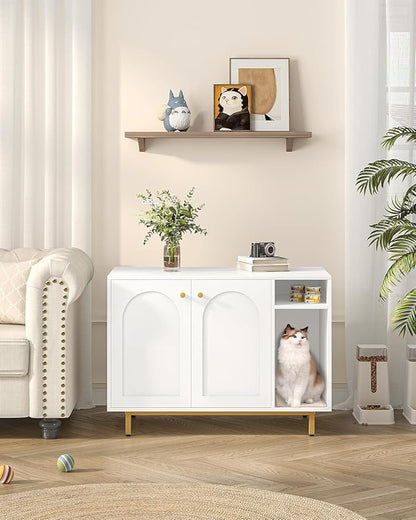 Hzuaneri Cat Litter Box Enclosure Enclosed, Hidden Litter Box Cabinet Furniture with Storage, Wooden Indoor Cat House Large, Modern End Table for Living Room Entryway, White and Gold CB84903A
