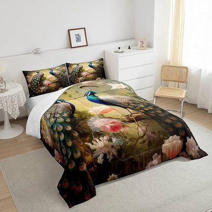 Erosebridal Chic Peacock Bedding Set King 3D Jungle Animal Comforter Set Flower Floral Down Comforter Botanical Quilted Duvet Dark Gold Men Women Lady Woodland Wildlife Bedroom Décoration 3 Piece