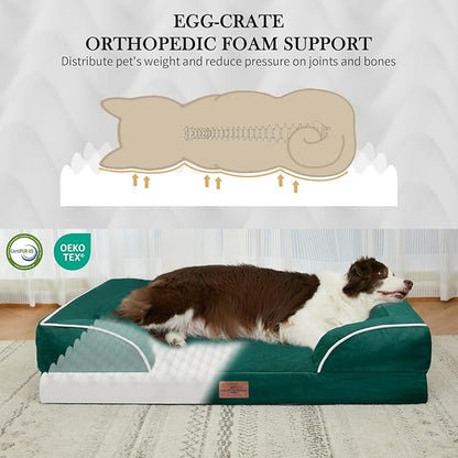 Comfort Expression Orthopedic Dog Bed for Large Dogs 38x25 Inch, Waterproof Supportive Egg Crate Foam Large Pet Bed with Removable Bolsters, Dog Couch with Washable Cover & Non-Slip Bottom, Emerald