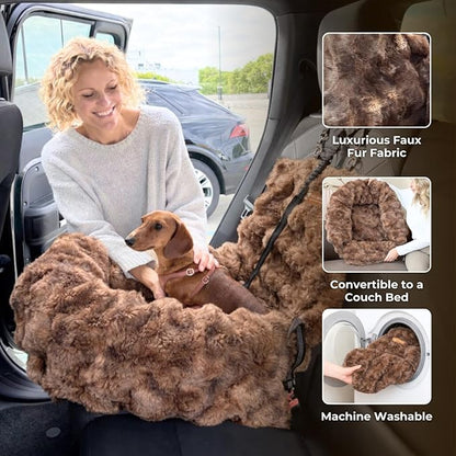 Pelsbarn Luxurious Cozy Car Bed - X-Small Luxury Travel Dog Bed with Safety Belt - Ultra Soft Faux Fur - Brown