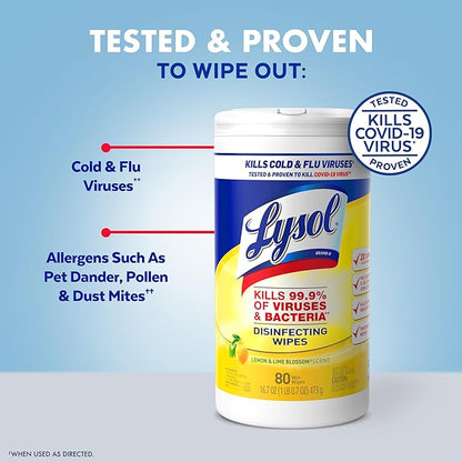Lysol Disinfectant Wipes, Multi-Surface Antibacterial Cleaning Wipes, For Disinfecting and Cleaning, Lemon and Lime Blossom, Pack of 4