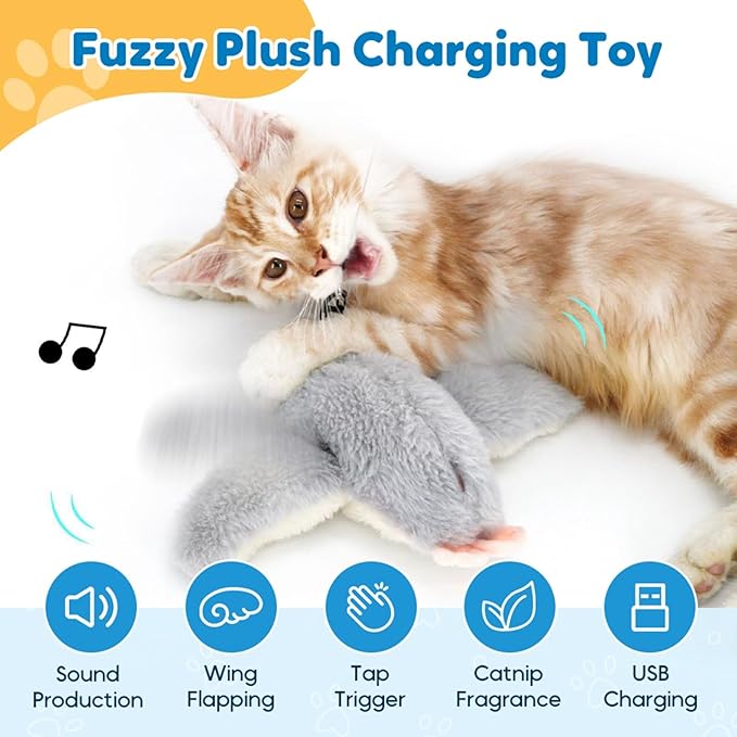 Interactive Chirping Bird Cat Toys with Flapping Wings,New Flying Birds Cats Toy, Flying Simulation Electric Sparrow Shaking Hunting Pet Toy for Indoor (Blue)