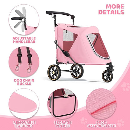 Magshion Pet Stroller for Medium Dogs w/Adjustable Handle, 3-Wheel Dog Cat Wagon w/Dual Entry, Rear Storage, Breathable Mesh, One-Foot Brake, Ideal for Large Pets up to 55 lbs, Pink