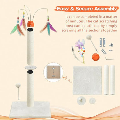 YARUOMY Cat Scratching Post ，41.3" Sisal Rope Cat Scratcher Tall Scratching Post for Indoor Cats Adult with Interactive Cat Toys Automatic Teaser Wand and Rotating Hanging Balls
