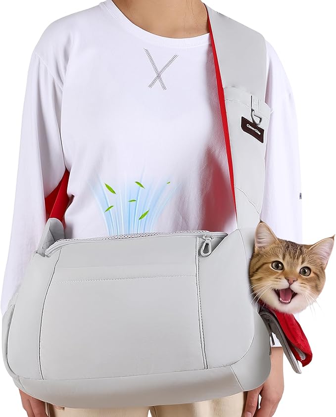Dog Carrier Sling, Cat Sling Carrier, Adjustable Soft Padded Shoulder Strap with Storage Pocket, Small Dog and Cats Sling Carriers up to 10 lbs, Hands-Free Pet Carrier for Travel Hiking Walking Grey