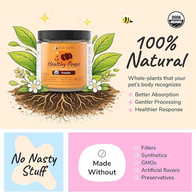 kin+kind Healthy Poops - Organic Pumpkin Powder for Dogs and Cats - Digestive and Probiotic Support w/Prebiotics & Fiber Powder - Cat & Dog Vitamins and Supplements for Sensitive Stomach - 8 oz