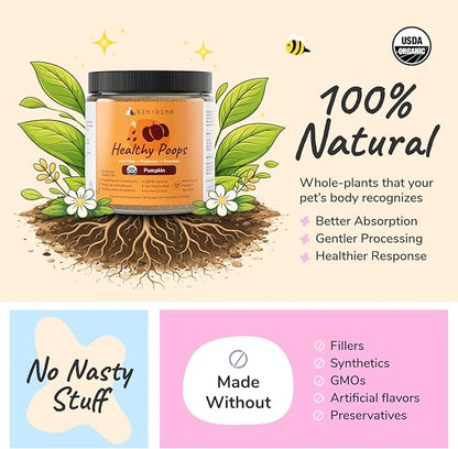 kin+kind Healthy Poops - Organic Pumpkin Powder for Dogs and Cats - Digestive and Probiotic Support w/Prebiotics & Fiber Powder - Cat & Dog Vitamins and Supplements for Sensitive Stomach - 4 oz