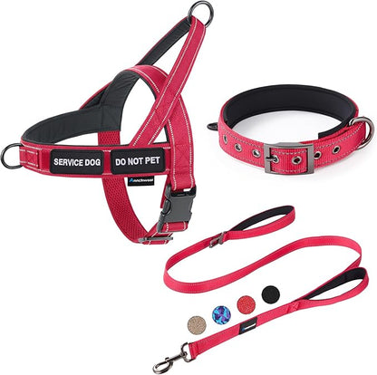 Annchwool No Pull Dog Harness,Heavy Duty Reflective Collar & Leash Set-Leash with Double Handle & Car Seatbelt Clip-Easy Control for Walking Training Medium Large Size Dogs(Red,S)
