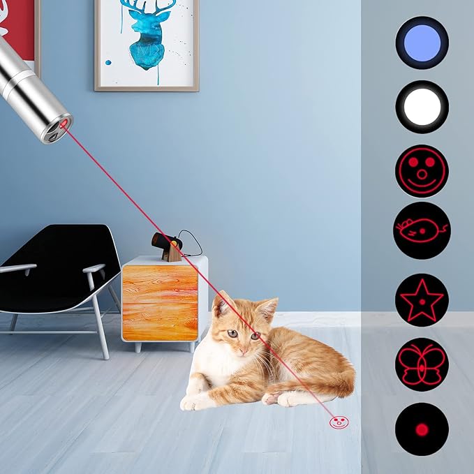 Cat Toys Laser Pointer Rechargeable Cat Laser Toy Interactive Cat Toys for Indoor Cats Kittenes Dogs LED Flashlight 7 Adjustable Patterns Red Light Remotes Teaching Tool USB