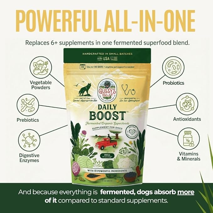 Gussy's Gut Daily Boost- Fermented Organic Superfood Reset & Reboot Dog Gut Health- Human Grade Pre & Probiotic Digestive Supplement- USA Made Small Batch 19 Ingredient Formula Reset Phase (7.5 Oz)