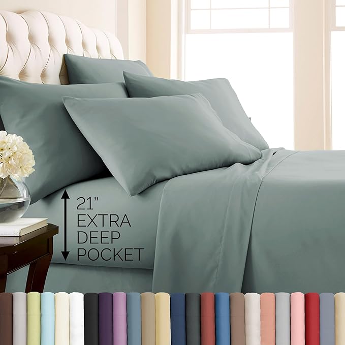 Southshore Fine Living, Inc. 7-Piece Split King Sheets Sets for Adjustable Bed, 21-Inch Deep Pocket King Sheet Set, Microfiber Sheet Set, Luxury Bedding, Blue Pillow Cases, Steel Blue Sheets