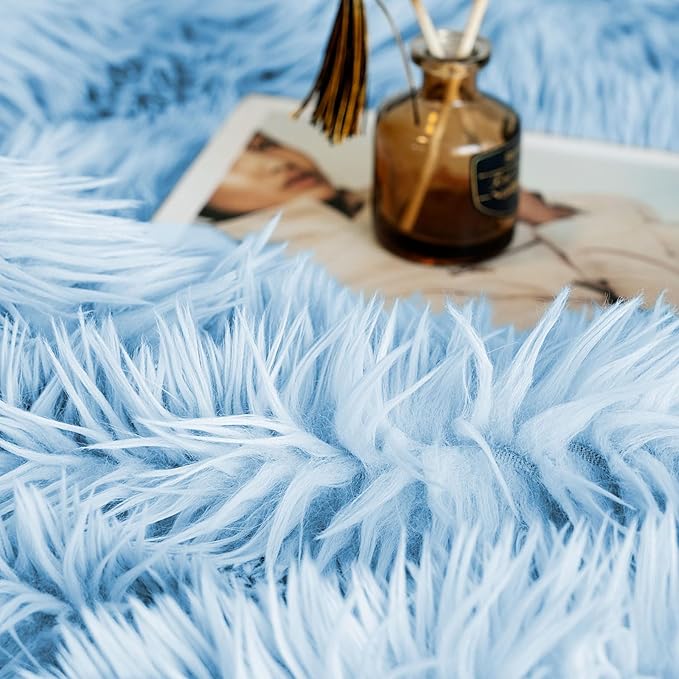 JONIYEAR Extra Large Decorative Fluffy Faux Fur Blanket Full Size 71" x 80", Soft Luxury Lightweight Furry Blankets, Accent Cozy Shaggy Plush Fuzzy Blankets for Bed, Thick Warm Winter Blanket, Blue