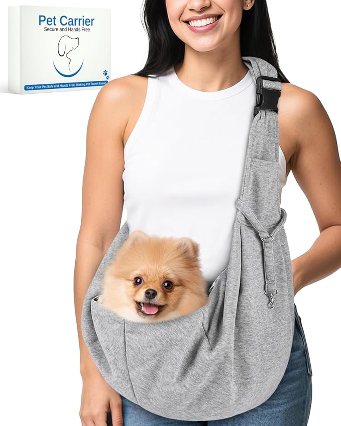 Dog Carrier Sling for Small Dogs and Cats(0 to 12 lbs), Puppy Sling Carrier with Adjustable Strap, Travel Safety Harness, Hands-Free Pet Carring Holder Travel Bag for Outdoor, Gray