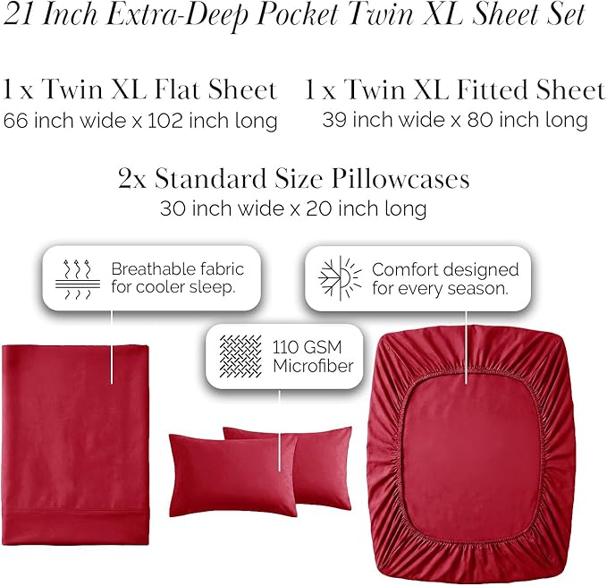 Southshore Fine Living, Inc. Extra Deep Pocket Twin XL Bed Sheets, 4-Piece Ultra Soft Red Sheets with 21" Deep Twin Fitted Sheet, Oversize Flat Sheet, 2 Pillowcases, Chili Pepper