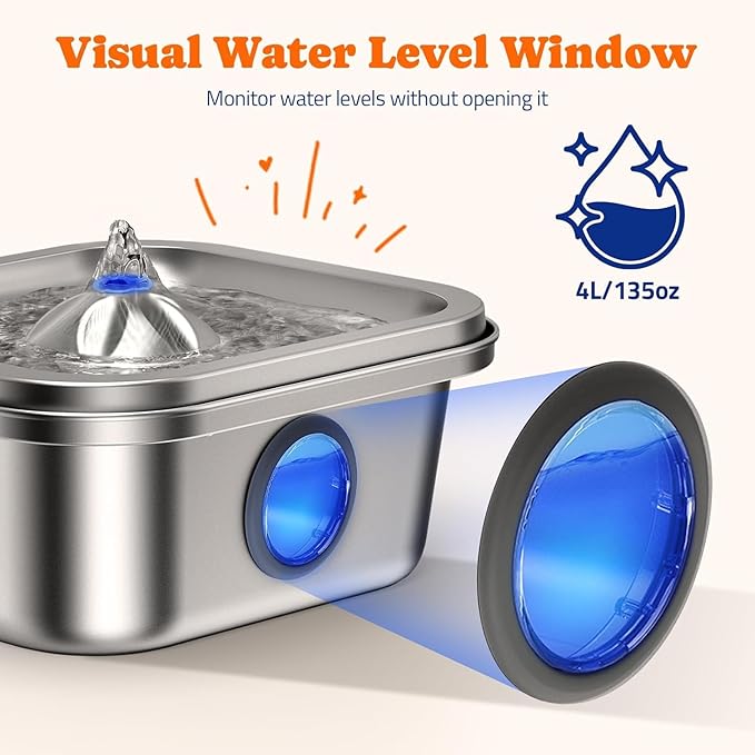 Cat Water Fountain Stainless Steel, 4L/135oz Cat Fountain, Automatic Dog Drinking Dispenser with Water Level Window, 10 Filters, Metal Pet Water Bowl Indoor, Quiet Pump, Easy Cleaning
