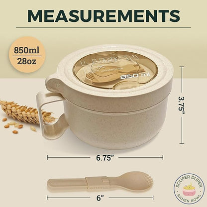 Souper Duper Ramen Bowl Set with Utensil • Heat & Eat Noodles in the Same Soup Bowl • Meal Prep Containers with Lids • Lunch Containers • Microwave, Freezer, Dishwasher Safe (Beige)