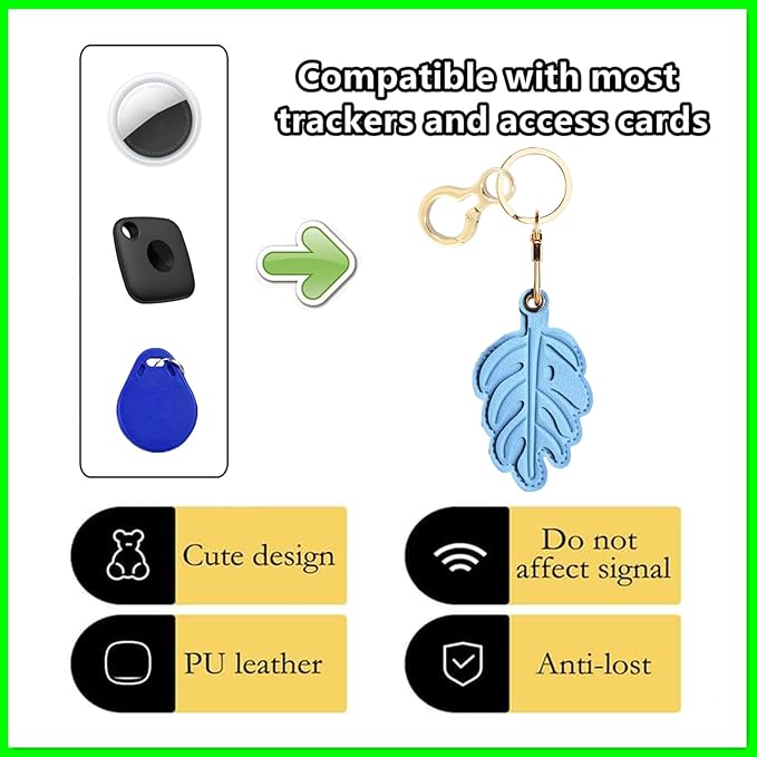 Leather Keychain Holder Case Compatible with AirTag,Cute Protective Cover with Keyring,Anti-Scratch Finder GPS Tracker Case for Wallet Keys,bag,pets,Backpack(Blue Leaves)
