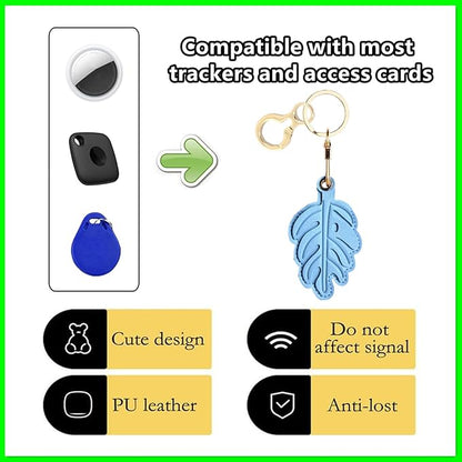 Leather Keychain Holder Case Compatible with AirTag,Cute Protective Cover with Keyring,Anti-Scratch Finder GPS Tracker Case for Wallet Keys,bag,pets,Backpack(Blue Leaves)