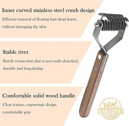 Large 2-Sided Undercoat Rake for Dogs and Cats，Professional Pet Grooming Shedding Tool Combs for animals，Stainless Steel with Wooden Handle for Thick Coats(14-Blades)