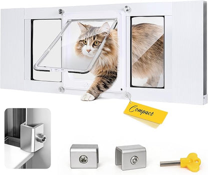 Cat Door for Window with Safety Window Lock, Adapt to Windows of Different Width, 5 Min Non-Destructive Installation Cat Window Door Insert, Aluminum Alloy Frame, 4 Locking Modes, for Cat Only