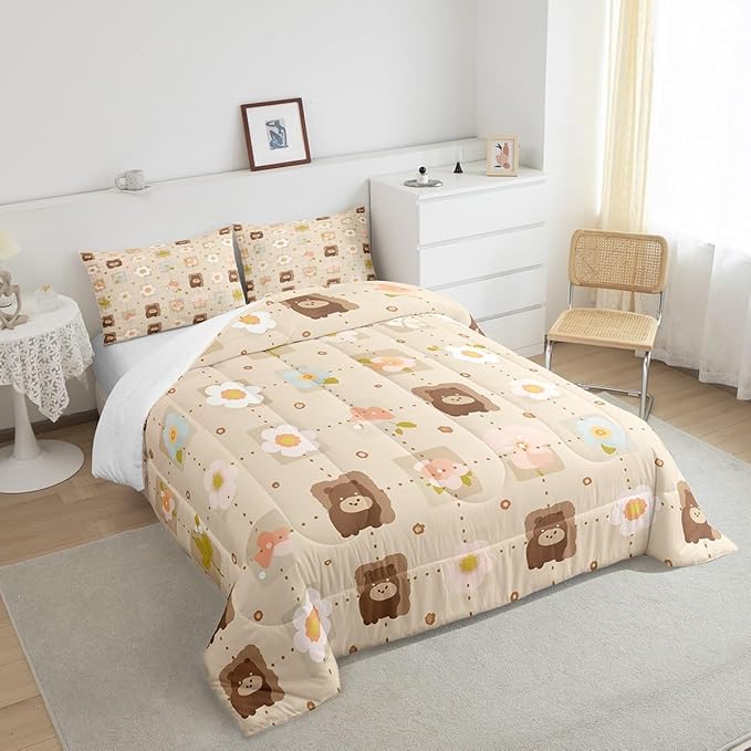 Erosebridal Woodland Animal Wildlife Comforter Set Twin Grid Checkered Bedding Sets, Light Brown Duvet Insert Flower, Colorful Flower Floral Quilt Set Kid Microfiber Cartoon Bedroom Décorative 2Piece