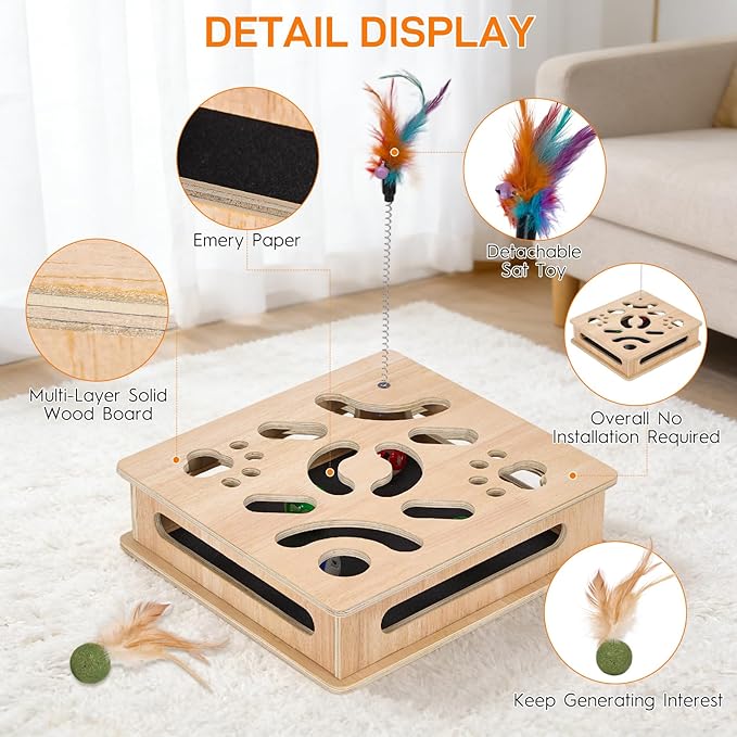 Cat Nail File Enrichment Box, cat Toys for Indoor Cats, Contains Sandpaper Inside,cat Toys for Bored Indoor Adult Cats, Multi-Layer Solid Wood cat Puzzle Toy