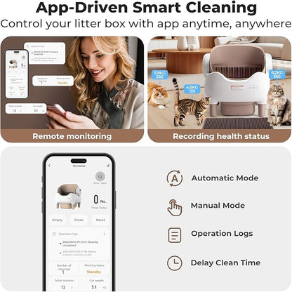 Self Cleaning Cat Litter Box: Automatic Cat Litter Box for Multiple Cats, Large Capacity with App Control, Safety Protection, Open-Top, Includes Waste Bags & Mat
