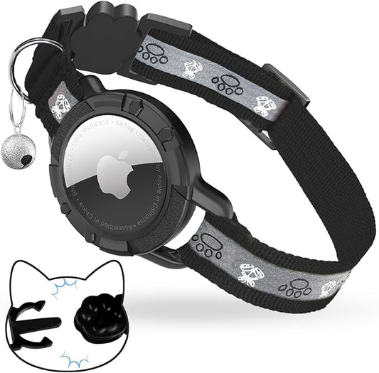 Breakaway AirTag Cat Collar, Reflective Cat Tracker Collar with Air Tag Holder and Bell, Safety Elastic Band Cat GPS Collars for Girl Boy Cats, Kittens and Puppies (Black, 8-13'')