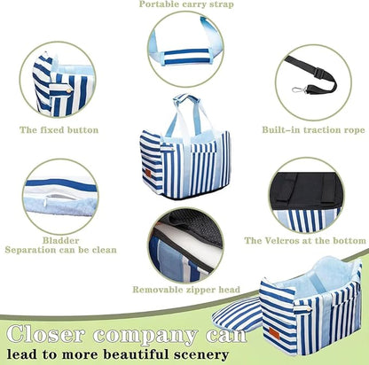 Cullaby Console Dog Car Seat - Portable Dogs Armrest Booster Seat for Small Dog, Anti-Collapse Pet Car Seat with Soft Cushion Safety Belt, Support Pet Up to 15lbs (Blue& White Stripes)