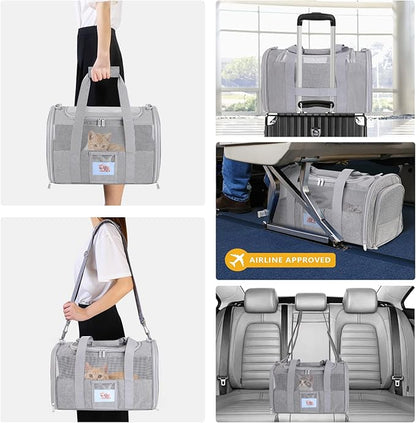 Cat Carrier Pet Dog Carrier Airline Approved for Puppy Kitten Carriers Under 15lb, Collapsible Soft Sided TSA Approved Travel Carrier-Grey
