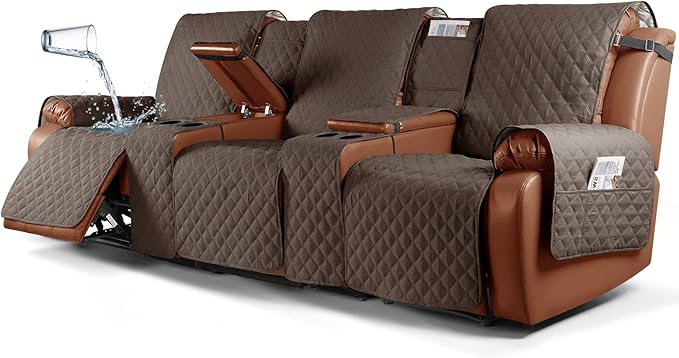 Ruaozz Waterproof Recliner Sofa Cover with Console Non-Slip Couch Covers for Reclining Couches Pet Cover for Double Recliner Sofa Cover with Elastic Straps for Kid Dogs Pets (Brown, 3 Seater)