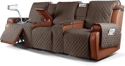Ruaozz Waterproof Recliner Sofa Cover with Console Non-Slip Couch Covers for Reclining Couches Pet Cover for Double Recliner Sofa Cover with Elastic Straps for Kid Dogs Pets (Brown, 3 Seater)