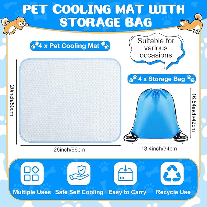 Chunful 4 Pack Dog Cooling Mat 26 x 20 Inches Pet Cooling Pads Summer Cat Self-Cooling Blanket Portable Washable Ice Silk Non-Skid Mat for Small Dogs Puppy and Cats up to 25 Lbs