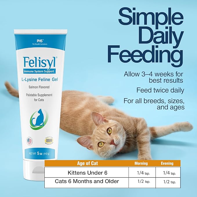 Felisyl L-Lysine Gel for Cats & Kittens (5oz) – Immune System, Respiratory & Eye Health Support. Reduces Sneezing, Runny Nose & Watery Eyes. Daily Salmon-Flavor Supplement – Made in USA (2 Pack)
