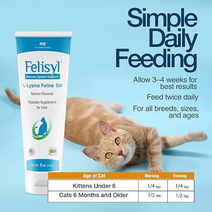 Felisyl L-Lysine Gel for Cats & Kittens (5oz) – Immune System, Respiratory & Eye Health Support. Reduces Sneezing, Runny Nose & Watery Eyes. Daily Salmon-Flavor Supplement – Made in USA (1 Pack)