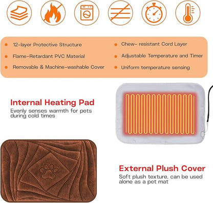 Large Dog Heating Pad with Washable Cover, Soft Plush Pet Heating Pad with 9 Adjustable Temperature, Timer, Chew-Resistant Cord, Waterproof Electric Heated Pet Bed Mat for Dogs and Multi-Cats