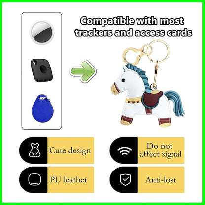 Leather Keychain Holder Case Compatible with AirTag,Cute Protective Cover with Keyring,Anti-Scratch Finder GPS Tracker Case for Wallet Keys,bag,pets,Backpack(Horse C)