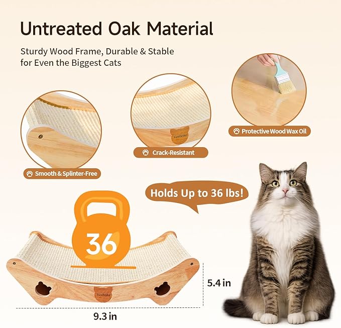 Upgraded Sisal Cat Scratcher Bed, Solid Oak Frame 1.3 cm Thick, 100% Sisal Pad, Curved Scratch Lounger, Stable Base Up to 36 lb, Sofa Protector, Odor-Free, 23.6" x 13.7"