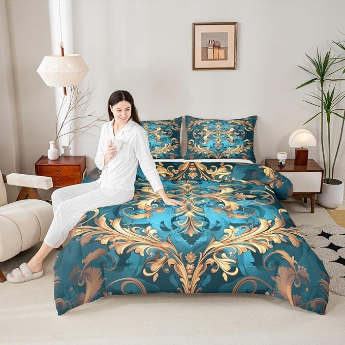 Erosebridal Hippie Damask Print Bedding Set Queen Size, Flowers Vintage Fashion Comforter Set for Women Men Adults, Exotic Aztec Boho Paisley Duvet Insert, Fashion Victorian Baroque Quilt