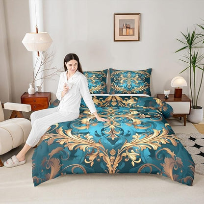 Erosebridal Hippie Damask Print Bedding Set Twin Size, Flowers Vintage Fashion Comforter Set for Women Men Adults, Exotic Aztec Boho Paisley Duvet Insert, Fashion Victorian Baroque Quilt