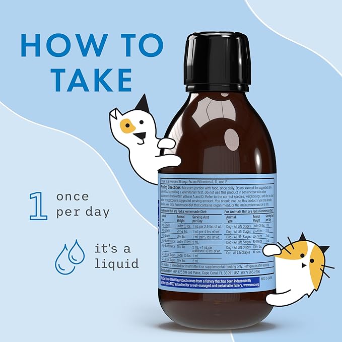 Dr. Mercola Bark & Whiskers Wild Alaskan Cod Liver Oil for Dogs & Cats, Omega-3s, Vitamin E, Skin and Coat, Joint Health, Veterinarian Formulated, Non-GMO - 6.8 Fl. Oz. (200 mL)