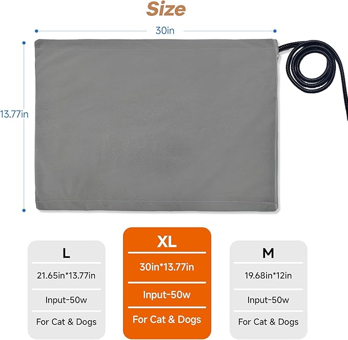 Cat Heating Pad for Bed Warming: Large Electric Heated Mat for Pets 30"x13.77" Self-Warming Heat Blanket for Small Dogs Kittens Animal Houses with Removable Washable Cover for Indoor Barn Use
