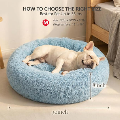 Calming Donut Dogs Beds for Small Dogs Washable,28inch Plush Round Pet Bed for Cozy Sleep,Fluffy Faux Fur Large Cat Bed,Fits up to 30 lbs Pets,Washed Blue