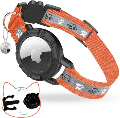 Breakaway AirTag Cat Collar, Reflective Cat Tracker Collar with Air Tag Holder and Bell, Safety Elastic Band Cat GPS Collars for Girl Boy Cats, Kittens and Puppies (Orange, 8-13'')
