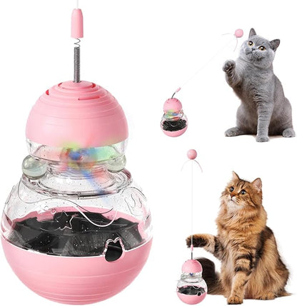 Cat Interactive Toys Engaging Wand, Slow Food Treat Dispenser, and Tumbler Design for Indoor Cats Durable, Non-Toxic, Ideal for Exercise and Boredom Relief Gift for Kitten, Pink