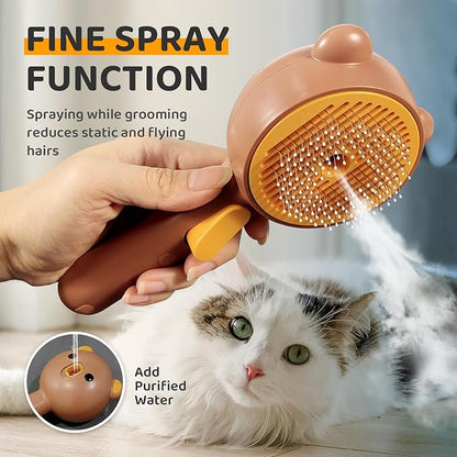 Pecait Cat Steam Brush, Self Cleaning Pet Spray Hair Removal Comb with Release Button, 3 in 1 Cat Brush for Indoor Cats, Waterproof Pet Grooming Brushes for Long Short Haired Dogs Cats（Brown）