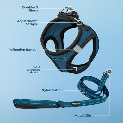 Best Pet Supplies Voyager Step-in Air All Weather Mesh Harness and Reflective Dog 5ft Leash Combo with Neoprene Handle, for Small, Medium and Large Breed Puppies - Set (Blue/Black Trim), X-Large